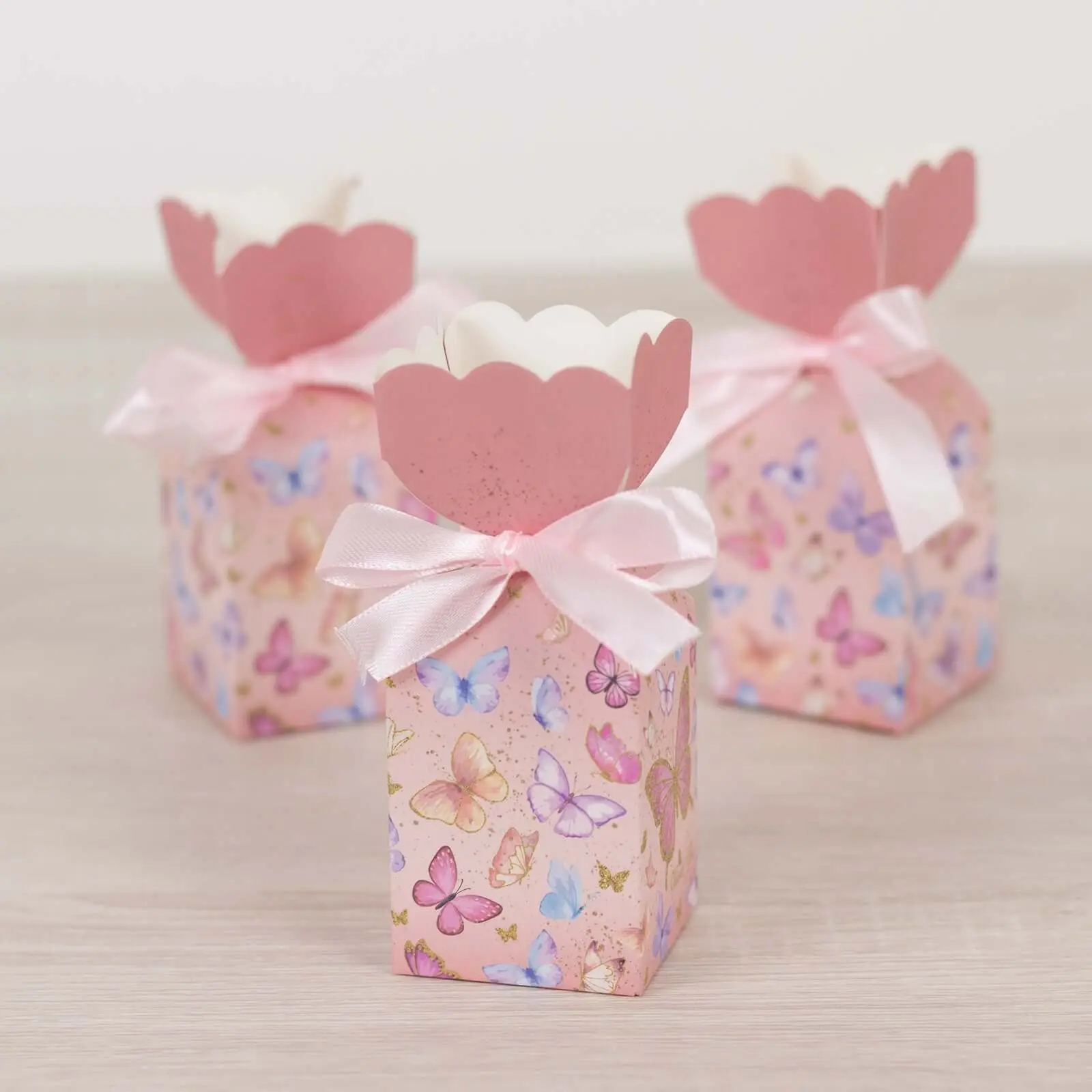 25-Pack Pink Floral Butterfly Print Cardstock Gift Boxes (Box Thickness: 300 gsm, 2"x5") with Pink Satin Ribbons, Cute Packaging, Shipped Flat for Easy Assembly, Holds Pastries Candies Sweets Chocolates Almonds, Office Stationery Wrapping Supplies