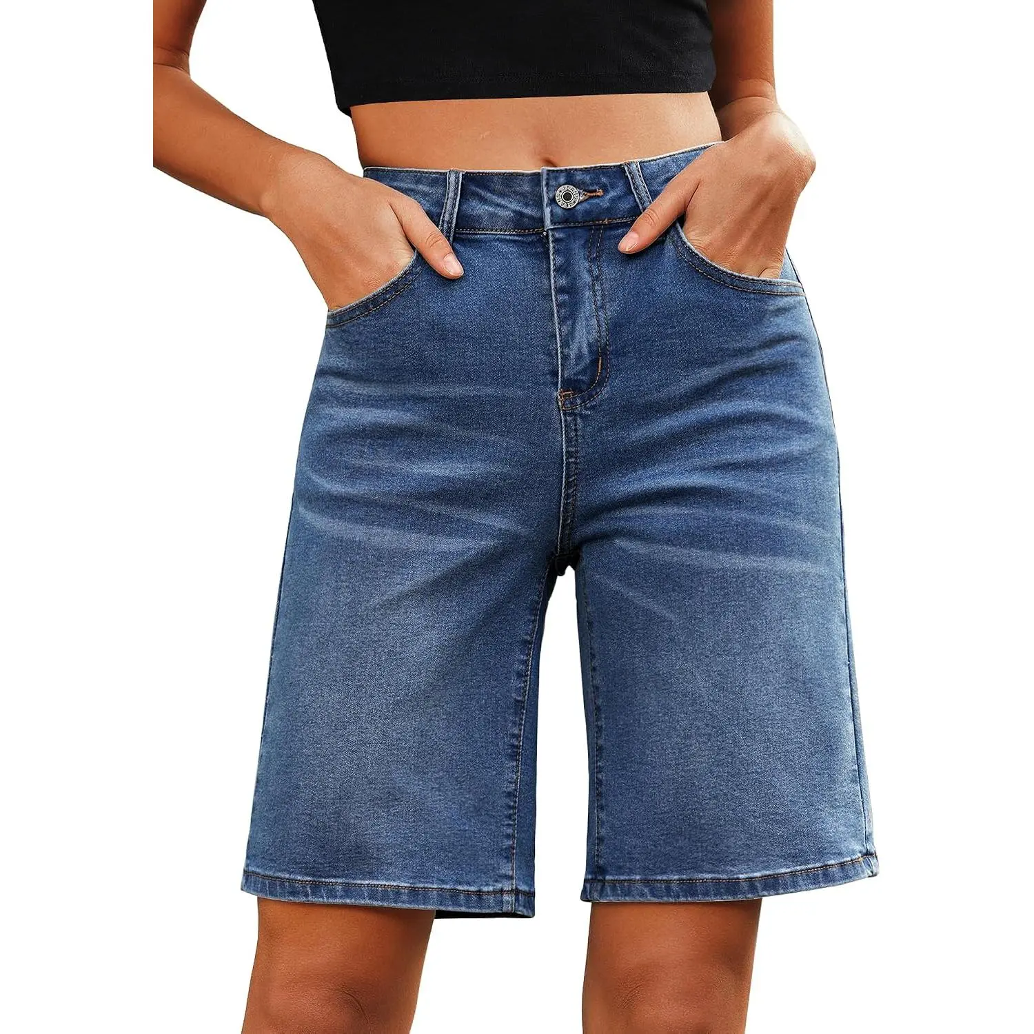 Jean Bermuda Shorts for Women High Waisted Trendy Long Stretchy Denim Shorts Knee Length Casual Summer Jorts