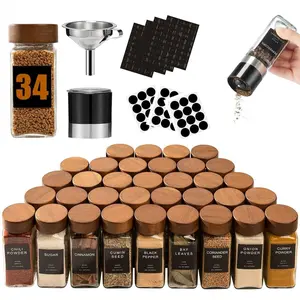 34 count Glass  Jars with Labels-4oz Acacia  Lid Square  Containers with Pepper   &Funnel,Seasoning Jars for Rack Cabinet Drawer