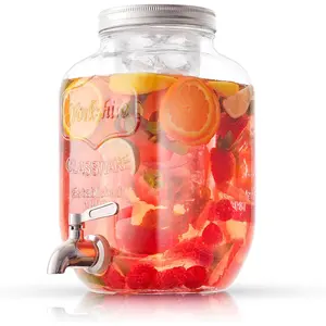 1-Gallon Drink Dispenser. Glass Beverage Dispenser with Stainless steel Spigot plus Ice Cylinder and Fruit Infuser! Water Dispenser, Lemonade Stand, Juice Container - Drink Dispensers for Parties