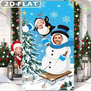 1 count 2D Flat Winter Snowman Party Banner and Backdrop, Snowy Winter Scene Backdrop, 3x6ft, polyester, Snowman Pine Tree Landscape Background for Christmas Party Birthday Holiday Portrait Studio Props Gifts, Interesting 2 Face Holes Party Banner