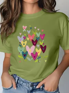Women's Casual Short Sleeve Crew Neck Cotton T-Shirt 4-Piece Set, Heart Flower Graffiti Print, Multiple Colors, Machine Washable, Spring & Summer Top, Soft Skin-Friendly Fabric, Daily Wear, Fashion Design