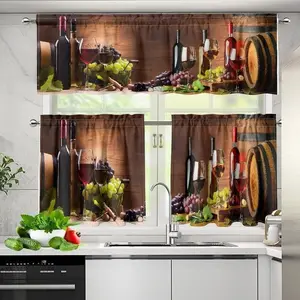 A three piece set of wine red kitchen curtains with red and white wine patterns, paired with grapes, French style, suitable for coffee shop kitchens and bedrooms, made of high-quality and durable polyester fiber fabric