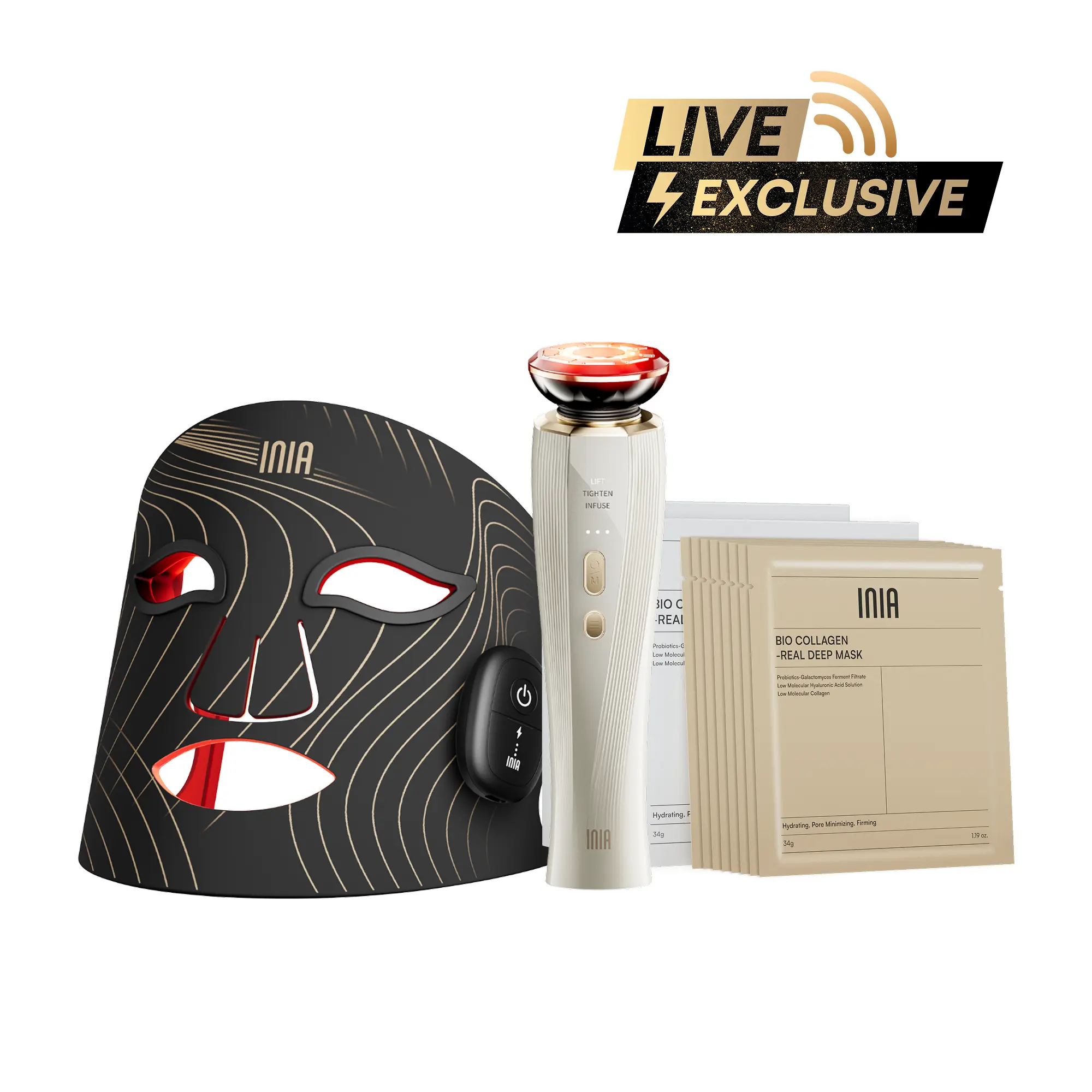 【LIVE EXCLUSIVE】INIA GLOW Wireless LED Mask, Perfect Gift Season Pick,  Live Stream Only BUY 1 GET 10 with FLARE and 8pcs Collagen Real Deep Mask