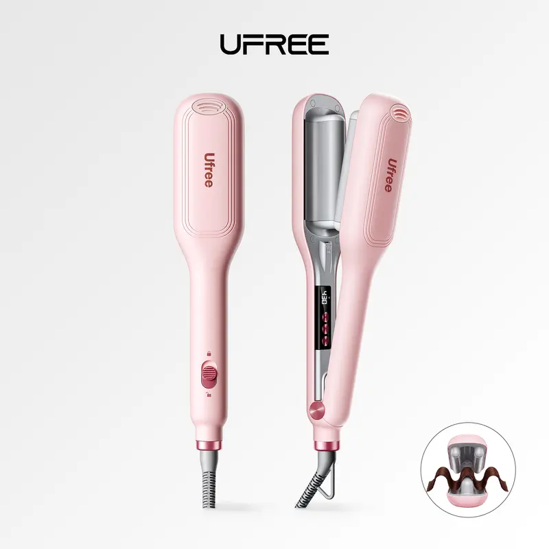 Ufree Hair Crimper for Women, Curling Iron Hair Crimper Waver, Effortless Deep Wave Hair Waver with Smart Timer, Fast Beach Waves, Negative Ionic Ceramic, Anti-Scald, Dual Voltage, Pink, 1 Inch
