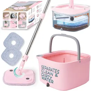 True Mop and Bucket System, Includes Square Spin, Dual Compartment Mop Bucket and 2 Thick Machine Washable Pads New Upgraded with Side Brush & Self Standing Handle, Rose