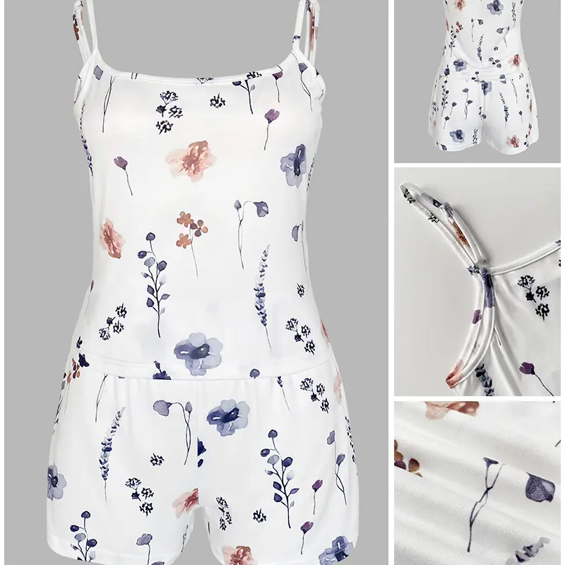 CHICME Women's 2 Piece Floral Print Shorts Set, Spaghetti Strap Cami Top with Bowknot, Casual Matching Outfit, Two Piece Sets, Shorts For Women