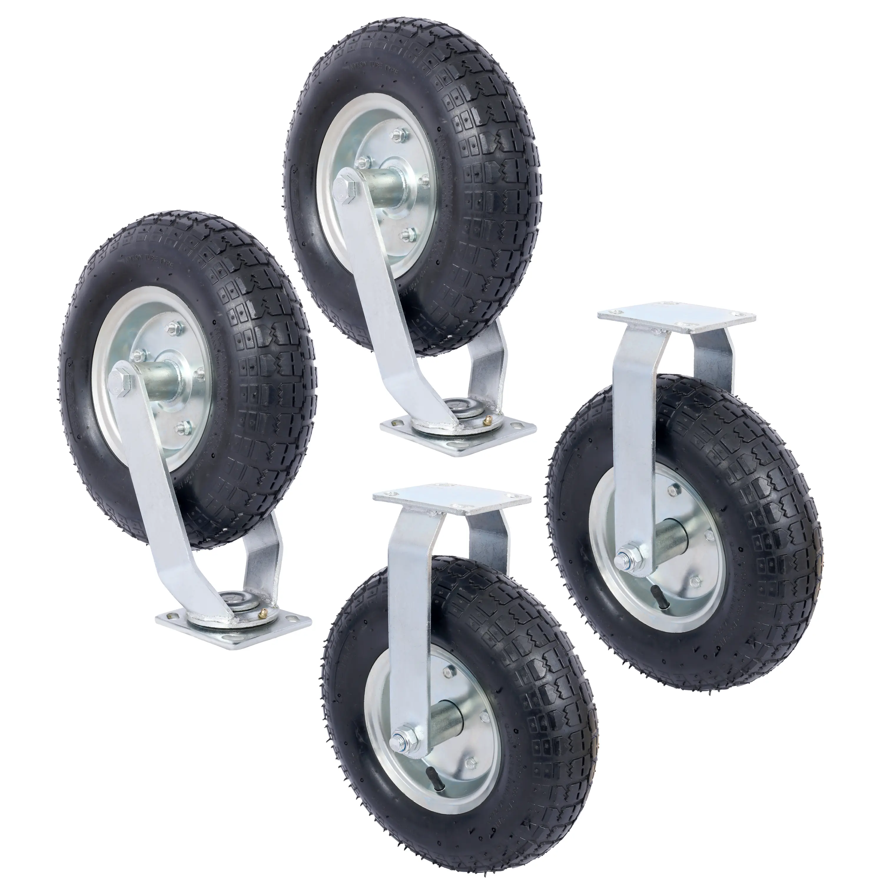 Black Hardware 4PCS 12" Large Smooth Rolling Pneumatic Caster Wheels - 300 lbs Load Capacity, Includes 2 Swivel & 2 Fixed Casters, Steel Hub with Ball Bearings, 5/8-Inch Centered Bore Axle, 300 Pounds