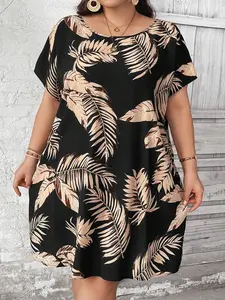 Women's Loose-Fitting Tropical Style Maxi Dress, Casual Palm Leaf Print Summer Dress, Plus Size Vacation Mini Skirt
