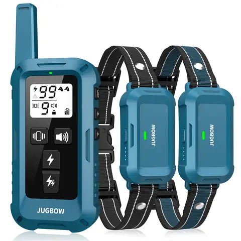 Jugbow 2-Channel Remote Dog Training Collars Set (Blue, 2 Dogs, 10-120 Lbs, 7.8-24.4 Inches Soft Nylon) - 4200FT Range, 4 Modes (Shock+Beep, Beep+Vibration Functions), Security Lock, IPX8 Waterproof, Rechargeable, Metal Prongs, Teaches Orderliness - DT68