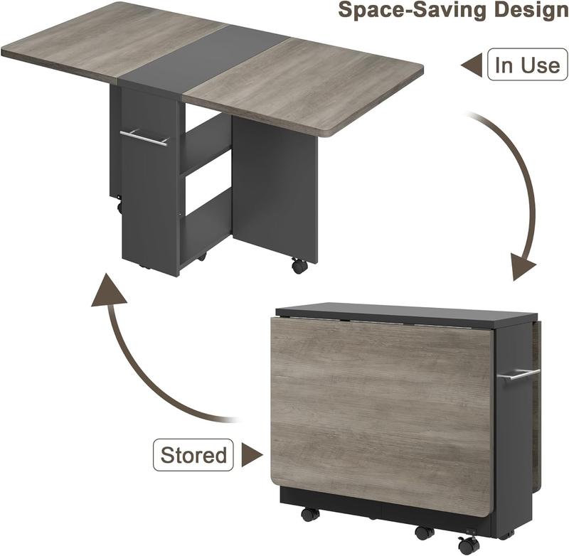 【 table only 】 FoldingTable, Drop Leaf Dining Table with 6 Wheels and 2-Layer Storage Shelf, Space Saving Table for Small Spaces (Dark Walnut, 50.1" D x 31.4" W x 29.5" H)