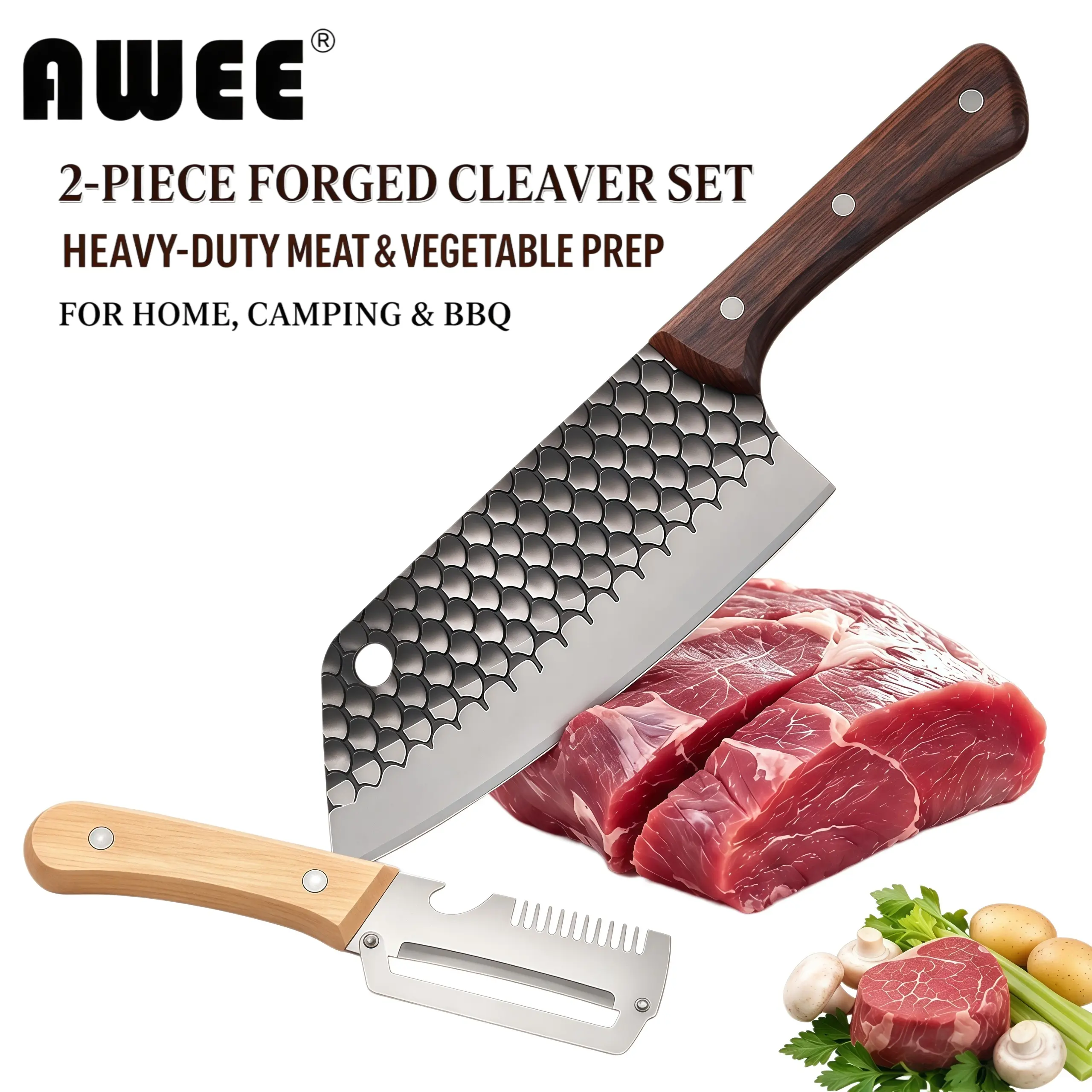 2-Piece Kitchen Essential Set - Hand Forged Hammered Steel Blade Cleaver, Wooden-Handled Multifunctional Peeler | Kitchenware Cooking Gadget Knives