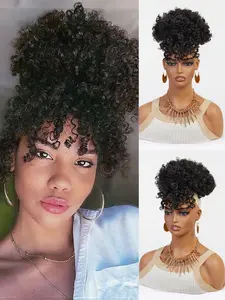 Instant Afro Puff Drawstring Ponytail with Bangs | Kinky Curly Short Hair Extension | Natural Synthetic Heat Resistant Hairpiece for Women Synthetic Curly Wigs