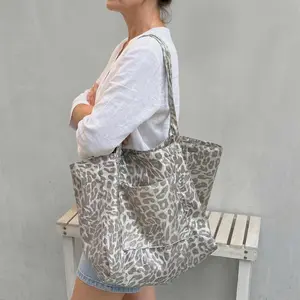 Chic Large Silver-Leopard Print Tote Bag Neutral Canvas Shoulder with Big Front Pocket Oversized Shopper for Work Travel Daily Use