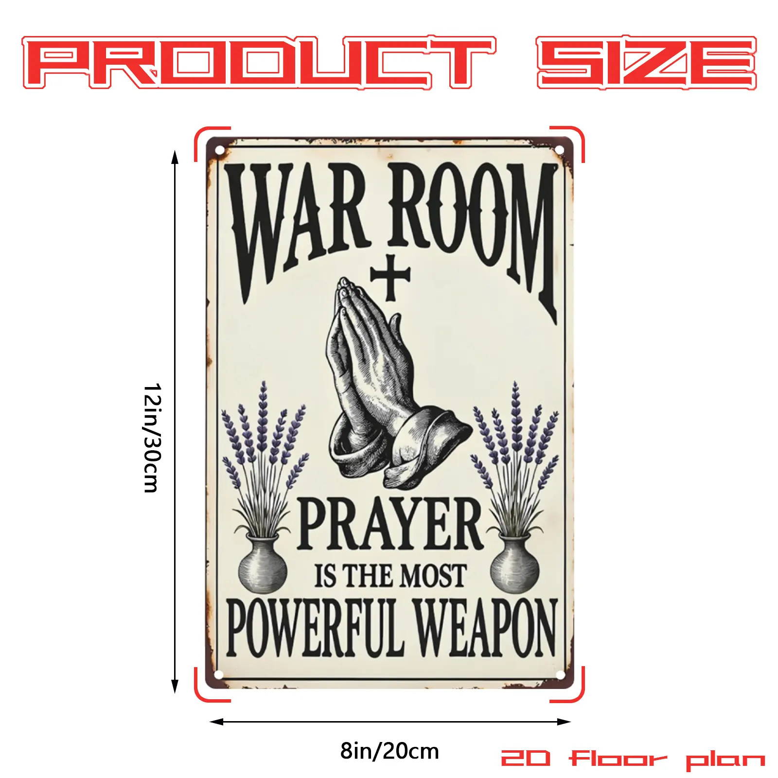War Room Prayer Aluminum Metal Sign, 12x8 Inch Vertical Christian Faith Quote Wall Decor, Praying Hands Cross and Lavender Vintage Plaque for Prayer Room, Bedroom, Living Room, Office and Religious Home Decoration
