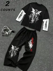 Gothic Angel Thorn Print Set, Men's Colorblock Fake Two-Piece T-Shirt + Wide Leg Pants, American Streetwear Fashion Duo Set