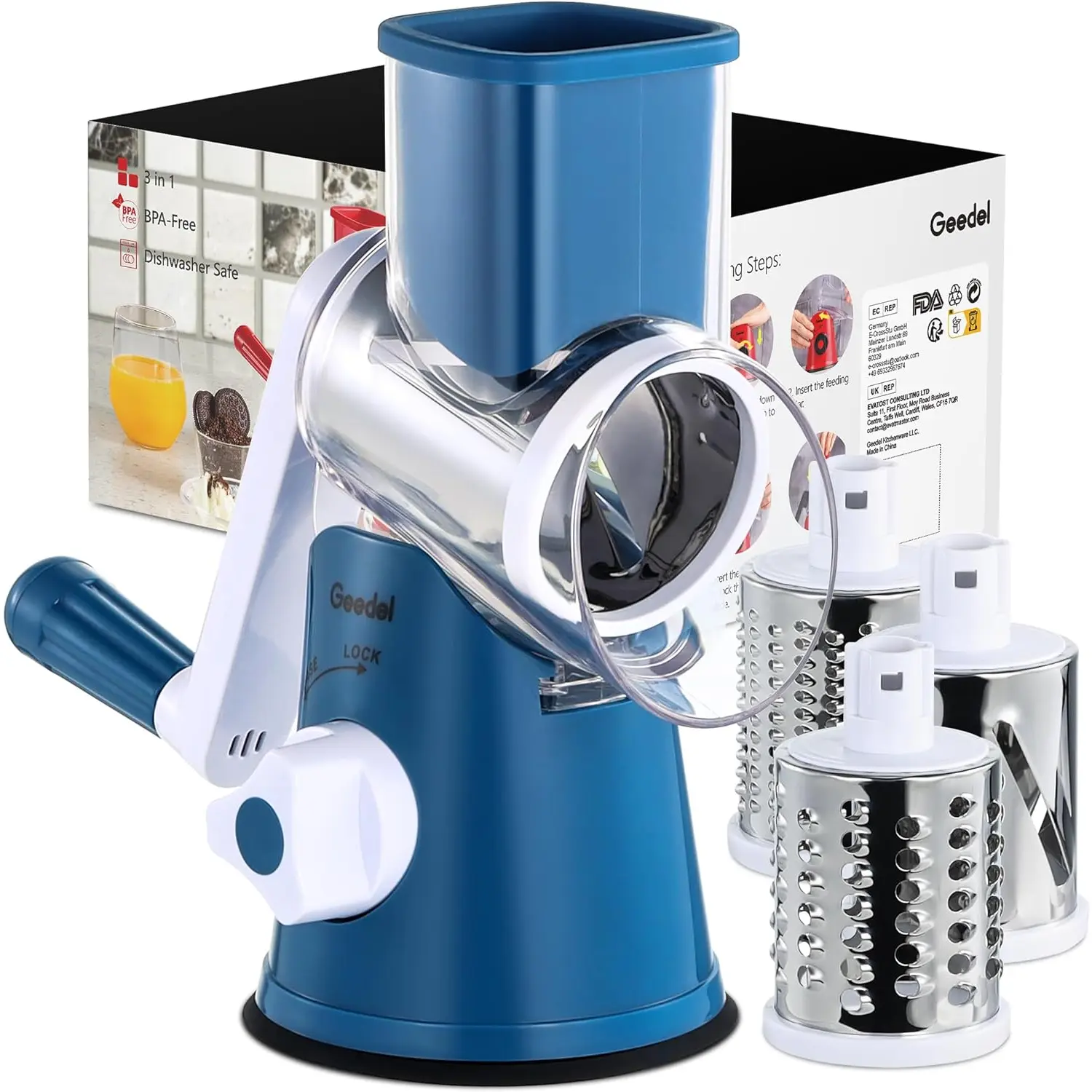 Geedel Rotary Cheese Grater, Kitchen Mandoline Vegetable Slicer with 3 Interchangeable Blades, Easy to Clean Rotary Grater Slicer for Fruit, Vegetables, Nuts GDL