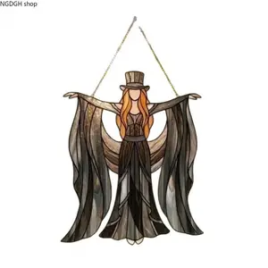 Witch in Top Hat Stained Glass Hangable Window Ornament - Durable Chain Included, Magical Decor for Spooky Season Gifting, Witchy Room Decor to Elevate Space with Enchanting Light Play
