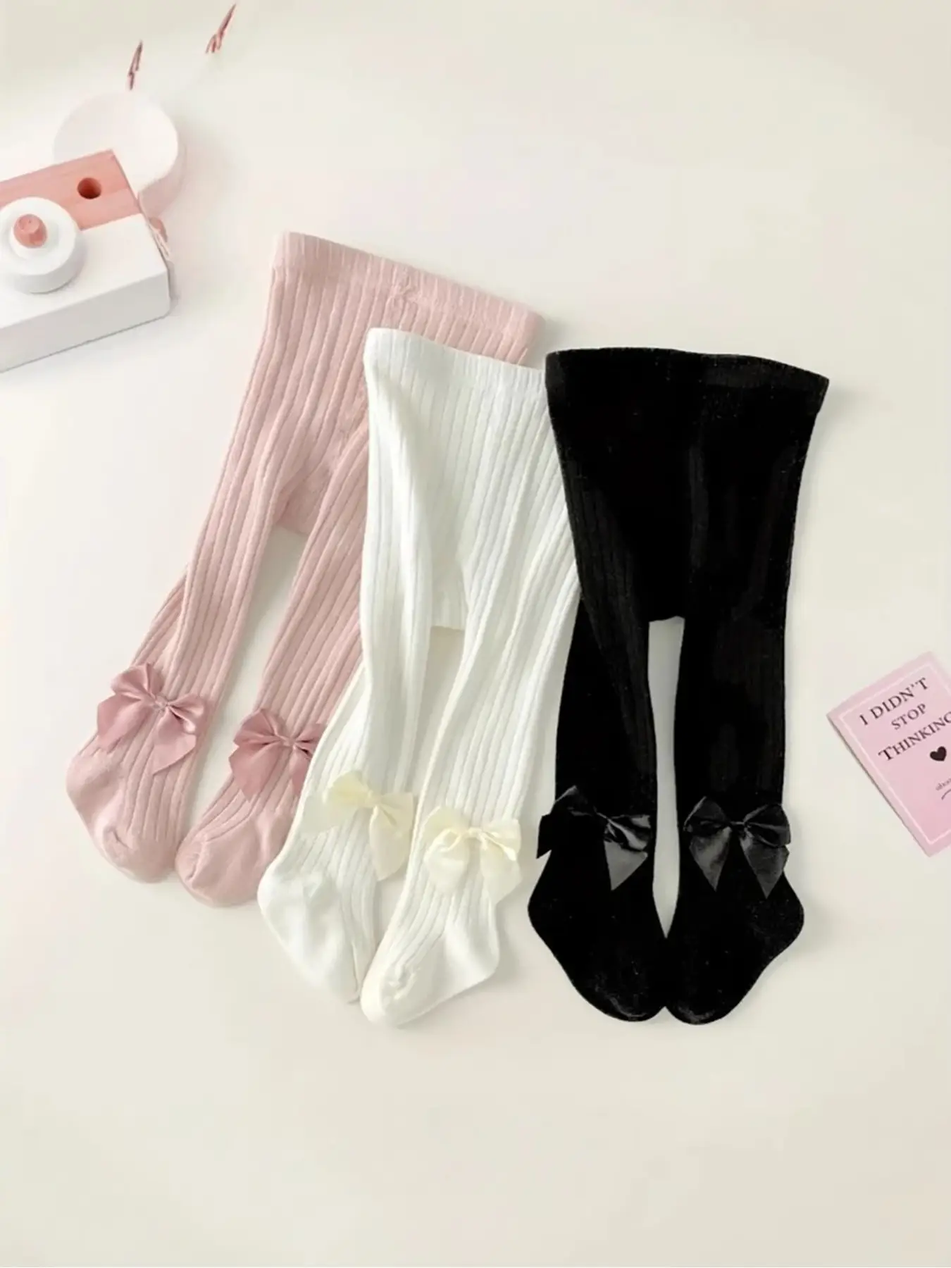3-piece soft breathable rib tights with bows, comfortable four-season baby leggings, fashion striped baby pants.