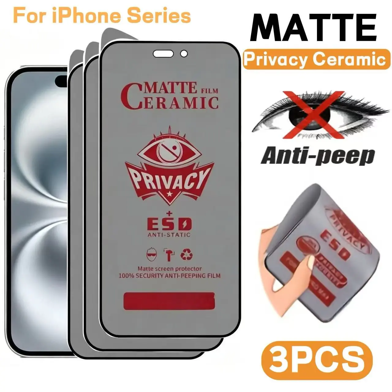 3 Packs Matte Privacy Ceramic Screen Protector for iPhone 17/17 Pro/17 Pro Max/17 Air/16E/16/15/14/13/12/11/Pro/Pro Max/Plus,Full Coverage,Frosted Surface,Enhanced Edge Protection,Anti Peeping,Anti Fingerprint,Scratch-Resistant,Bubble-Free Installation