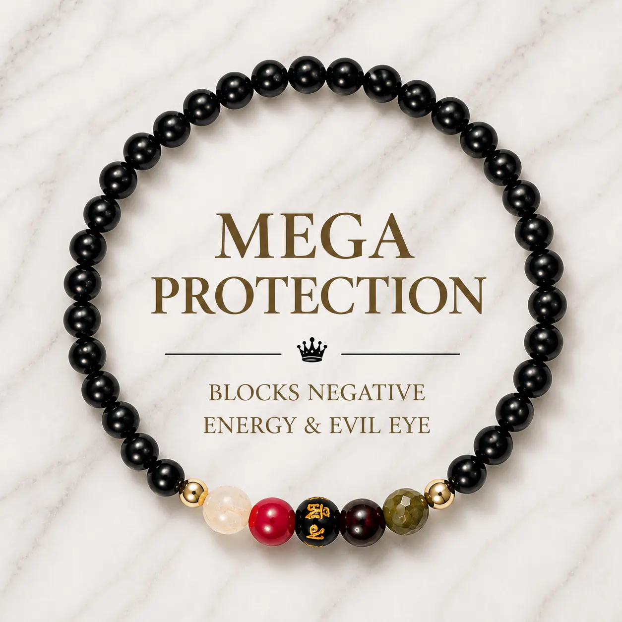 Obsidian Mega Protection Lucky 7 Gemstone Bracelet With REAL Gold