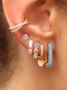 6Pcs Lovely 24K Gold Plated Cubic Zirconia Stud Earrings Set For Women Blue Zircon Hoop Earrings Pack Heart Drop Dangle Earrings Stack