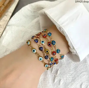 5-Pack Evil Eye Bracelets, Adjustable Metal Chain Bangles, Unisex Good Luck Jewelry for Women and Men