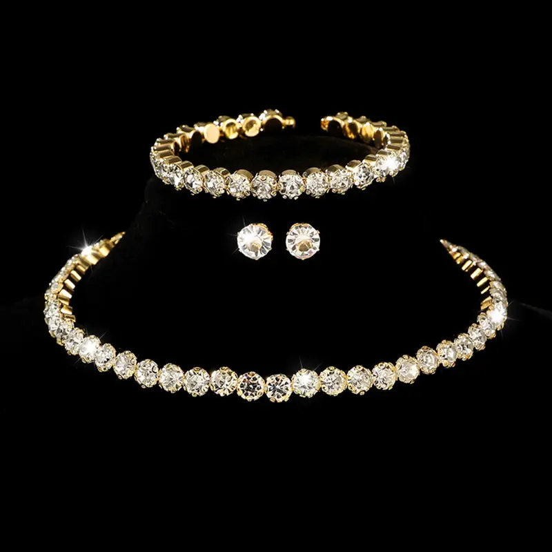 Elegant Round Crystal Bracelet & Earring & Necklace Set, Fashion Jewelry for Party, Daily Clothing Decor, Trendy All-match & Exquisite Jewelry for Birthday Gift
