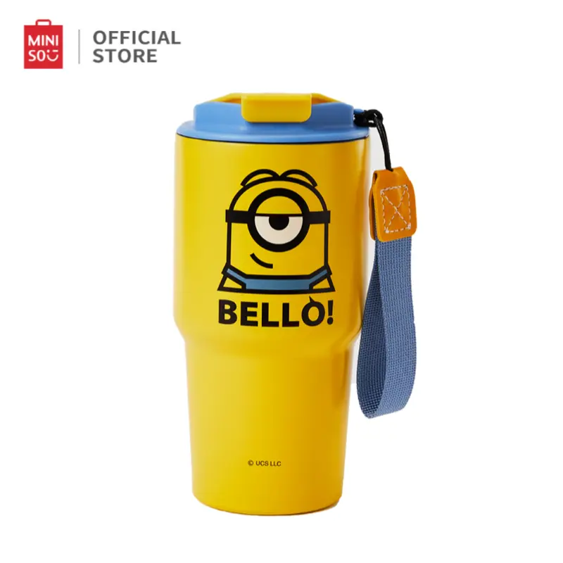 MINISO Official Store Bello Minion Travel Mug with Blue Lid and Strap - Yellow Color - Perfect for On-the-Go Beverages