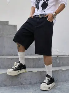 Men's Fashion Street Style Loose Denim Shorts, Casual Mid Waist Zipper Fly, Simple Trendy Daily Wear, Comfortable Loose Fit