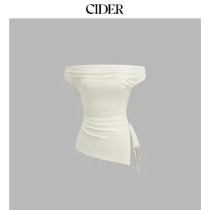 Cider Off-shoulder Ruched Knotted Asymmetrical Hem Top