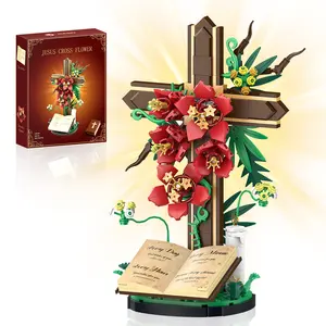 Jesus Cross Flower Building Set 363PCS Religious Collectibles with Kapok Flowers Dogwood Blossoms Olive Branches Symbolizing Faith Hope Peace for Christmas Christian Gifts