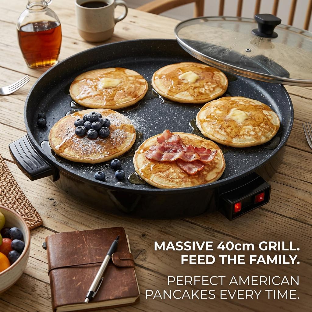 PRTYY Multifunctional Cooker, 40cm Round Electric Skillet with Frying Pan Function, 4cm Deep Non-Stick Surface, 5-Level Temp Control, Glass Lid, Fry Roast Simmer Capabilities, Ideal for Family Meals