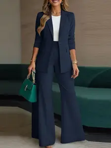 Women's Elegant Long Sleeve Fitted Suit Set, Plain Color Commuter Style, Spring & Fall Fashion, Regular Length Jacket and Pants