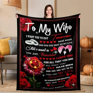 Flannel Throw Blanket with Romantic To My Wife Love Letter Design 280GSM Ultra Soft Cozy Warm Comfortable Lightweight Portable for Bedroom Couch Heartfelt Gift for Wife from Husband on Anniversary Valentine's Day