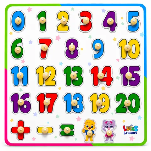 Lucas & Friends Bright Unisex Wooden Montessori Peg Number Puzzle Set for Small Hands, Math Learning Tools for Ages 3-5, 0-20 Number Practice & +/- Basics Durable Early Math Board Toy