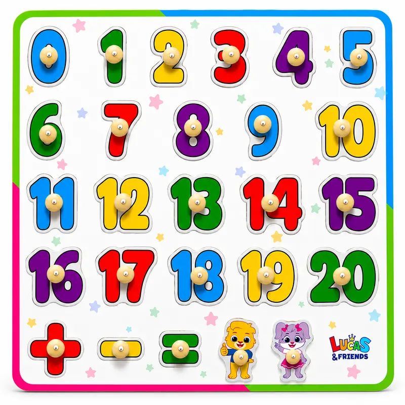 Lucas & Friends Bright Unisex Wooden Montessori Peg Number Puzzle Set for Small Hands, Math Learning Tools for Ages 3-5, 0-20 Number Practice & +/- Basics Durable Early Math Board Toy