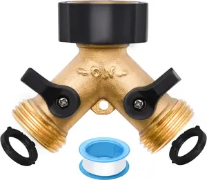 1/2 Brass 2 Way Garden Hose Splitter Set with Rubber Washers & Tapes for 3/4" Hose Connector Leak-Proof & Durable 100% Brass Material