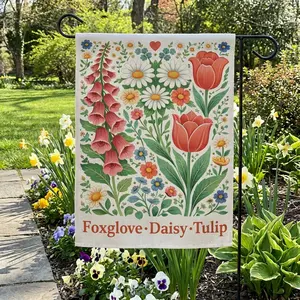 Floral Garden Flag, Foxglove Daisy Tulip Banner, Spring Summer Yard Decor, Vintage Botanical Flower Flag, Cottagecore Outdoor Flag for Porch Lawn Garden, Colorful Bloom Garden Decor, Durable Weather Resistant Flag, TikTok Trend Home Decor