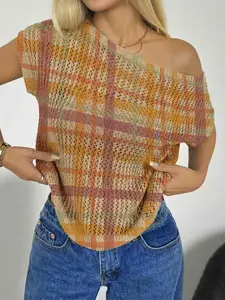 Spring Summer Women's Beach Vacation Style Asymmetric Neck Shoulder Reveal Batwing Sleeve Semi-Transparent Lace Knit Top, New Arrival Bikini Cover-Up