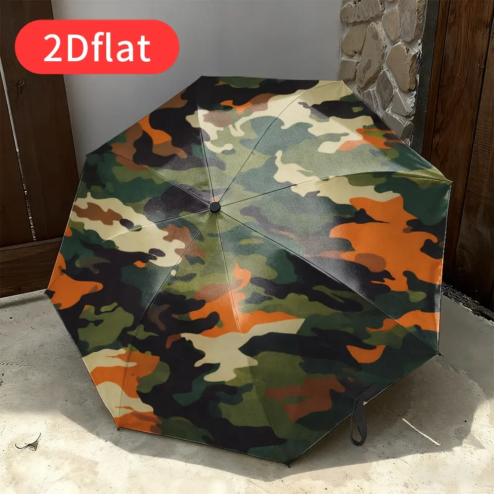 A fall-style folding umbrella featuring a vibrant camouflage pattern with striking orange and green hues. Lightweight and compact for easy travel and commuting, it offers convenient storage, a durable canopy, and a