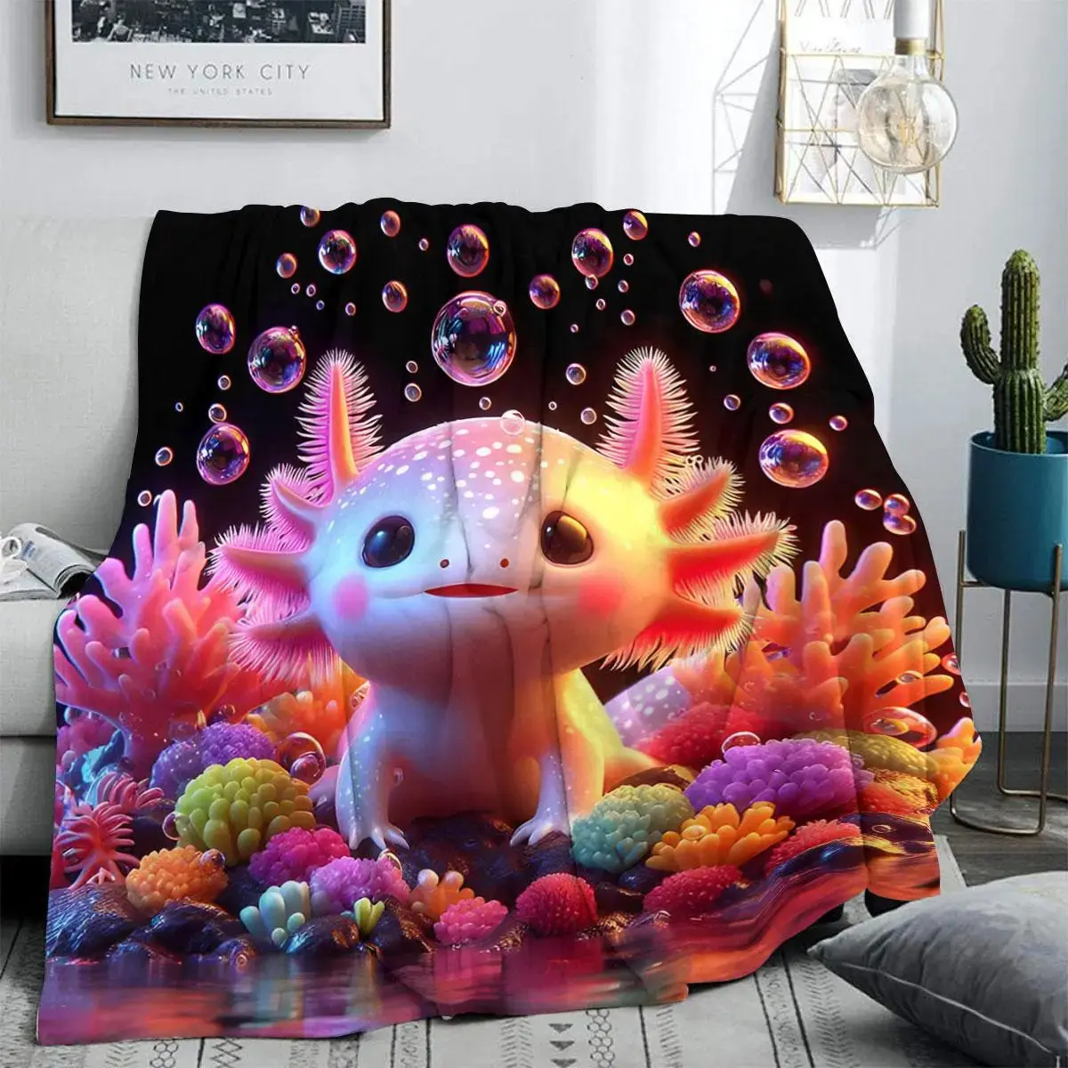 Cartoon Cute Axolotl Flannel Throw Blanket, Soft Warm Cozy Kawaii Animal Fleece Blanket, Lovely Room Decor for Bed Sofa Chair Camping Travel, Unique Birthday Christmas Gift For Kids Girls Axolotl Lovers