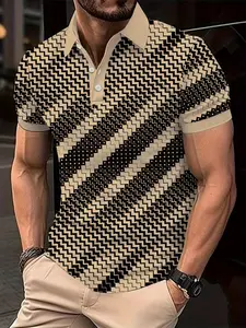 Men's Geometric Pattern Short Sleeve Casual Top, Digital Print Outdoor Leisure Shirt, Fitted Design, All Seasons Wear, Menswear