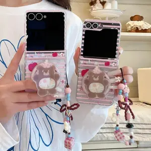 Korean Stripes Cute Magnetic Phone Case For Samsung Galaxy Z Flip 7 6 5 4 3 Z Flip6 Flip7 Cover with Magsafe Stand Chain Cases