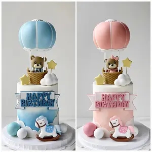 Bear Cake Toppers for Boy or Girl Baby Shower Children's Birthday Party Decoration Hot Air Balloon Cake Topper Pink Blue Green Wedding Cake Topper