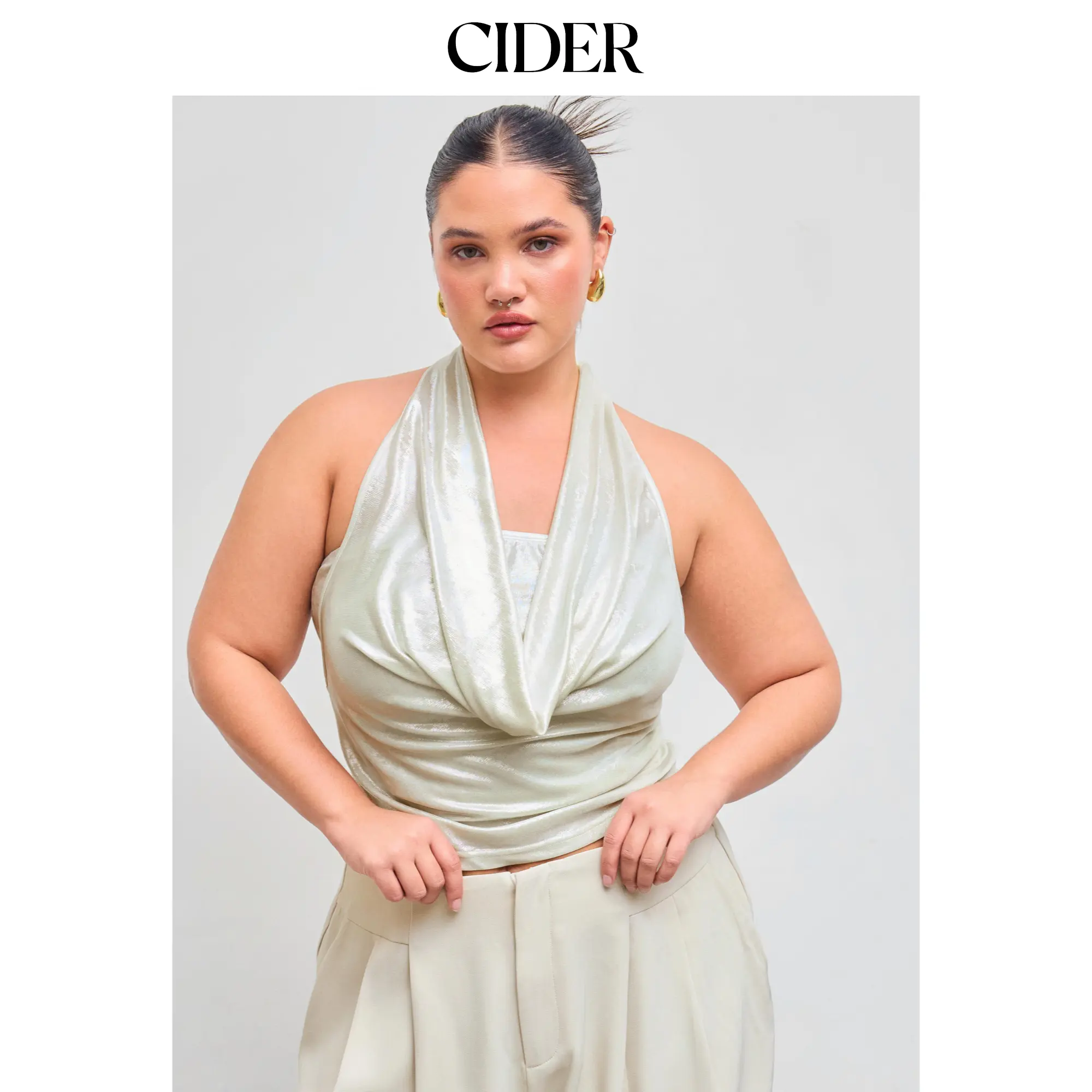 Cider Women's Minimalist Sleeveless Cowl Halter Neck Backless Ruched Tank Top with Solid Tube Top, Sizes 2-24, Curve & Plus Sizes