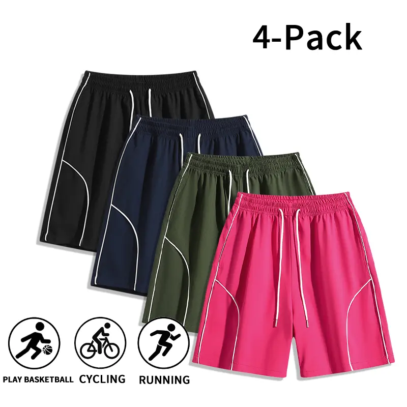 4 Pack Men’s Loose Fit Sports Shorts, Quick Dry Fabric Basketball Shorts with Contrasting White Piping, Elastic Waist Drawstring Athletic Shorts for Gym, Training, Running, and Everyday Activities,Summer vibe