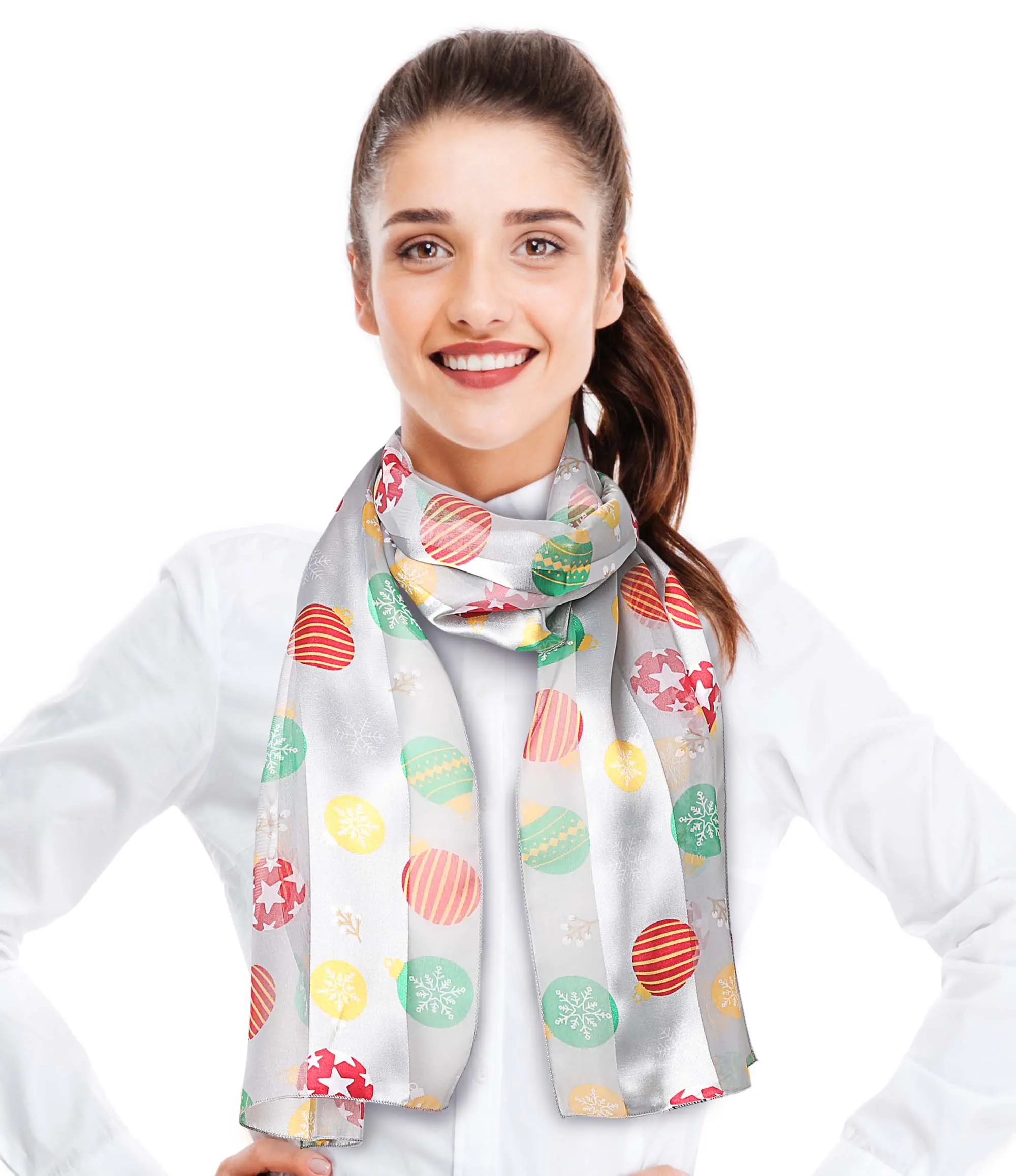 CBC Crown Women's Christmas Ornament Print Scarf, Lightweight Silk-Feeling Polyester for Winter Holiday Parties - Silver, Female