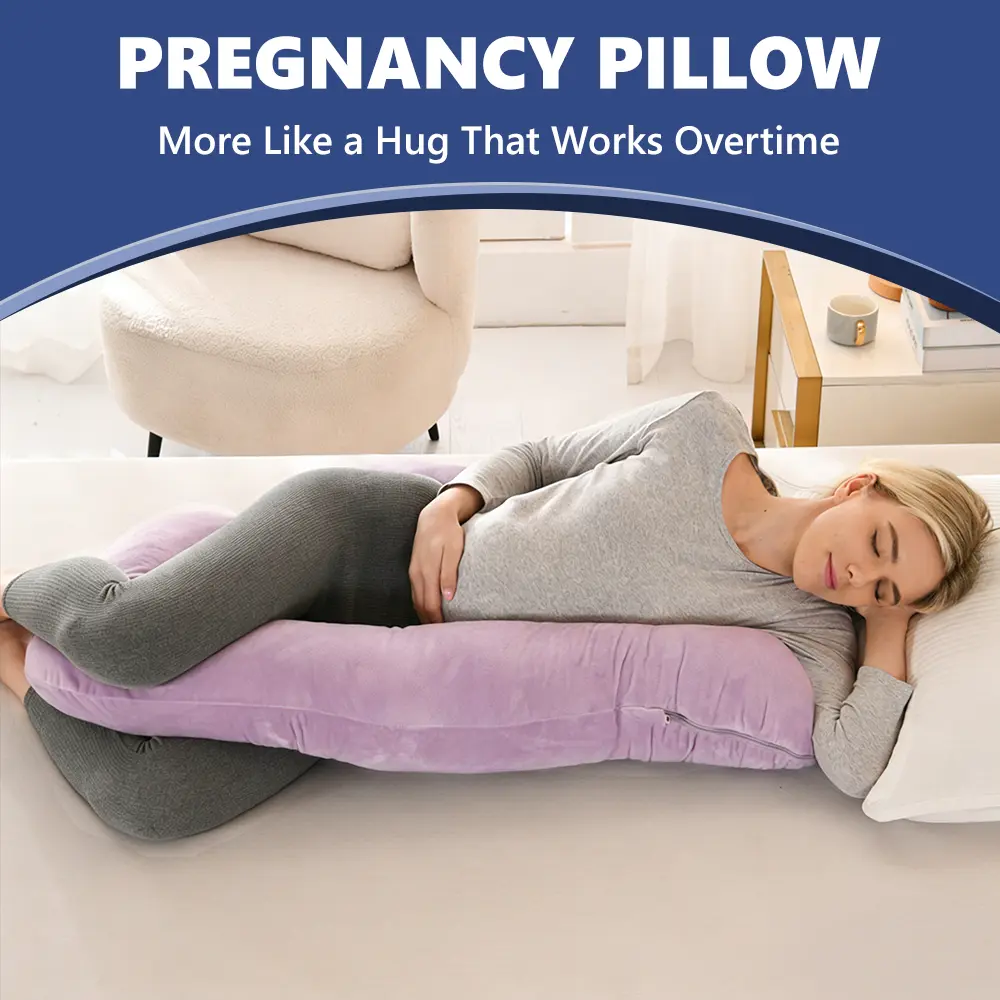 41-Inch Small J-Shape Maternity Body Pillow (Maternity Supplies), Light Purple Velvet Couch & Bed Lounge Pillow with Removable Washable Zipper Cover, Travel-Ready Size Full Body Support for Pregnant Women’s Hip Back Pain Relief
