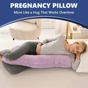 41 Inch Small J-Shape Pregnancy Body Pillow, Light Purple Velvet Maternity Sleeping Pillow with Removable Zipper Cover, Full Body Support for Pregnant Women Hip Back Pain Relief